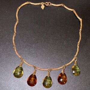 Sarah Coventry Gold Necklace with Green and Amber Glass Stones.